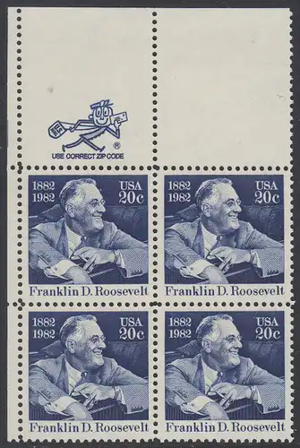 USA Michel 1527 / Scott 1950 postfrisch ZIP-BLOCK (ul) - Franklin D. Roosevelt (1882-1945), 32. Präsident der Vereinigten Staaten