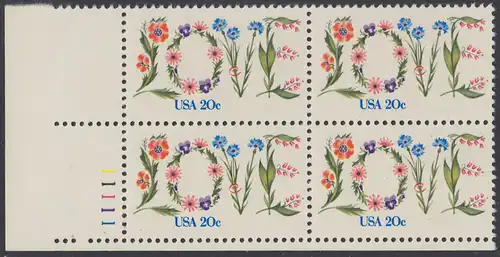 USA Michel 1528 / Scott 1951 postfrisch PLATEBLOCK ECKRAND unten links m/ Platten-# 11111 (b) - Valentinstag: Blumen bilden das Wort LOVE