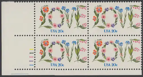 USA Michel 1528 / Scott 1951 postfrisch PLATEBLOCK ECKRAND unten links m/ Platten-# 11111 (d) - Valentinstag: Blumen bilden das Wort LOVE