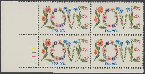 USA Michel 1528 / Scott 1951 postfrisch PLATEBLOCK ECKRAND unten links m/ Platten-# 11111 (c) - Valentinstag: Blumen bilden das Wort LOVE