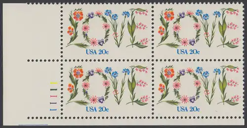USA Michel 1528 / Scott 1951 postfrisch PLATEBLOCK ECKRAND unten links m/ Platten-# 11111 (a) - Valentinstag: Blumen bilden das Wort LOVE