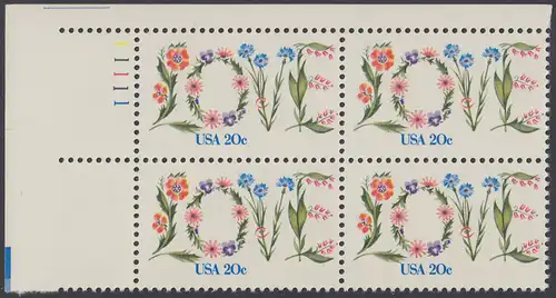 USA Michel 1528 / Scott 1951 postfrisch PLATEBLOCK ECKRAND oben links m/ Platten-# 11111 (a) - Valentinstag: Blumen bilden das Wort LOVE