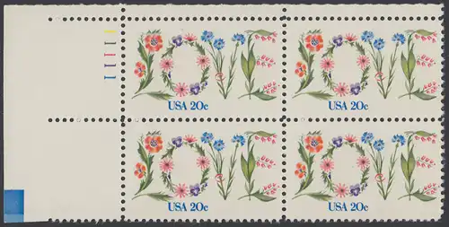 USA Michel 1528 / Scott 1951 postfrisch PLATEBLOCK ECKRAND oben links m/ Platten-# 11111 (b) - Valentinstag: Blumen bilden das Wort LOVE