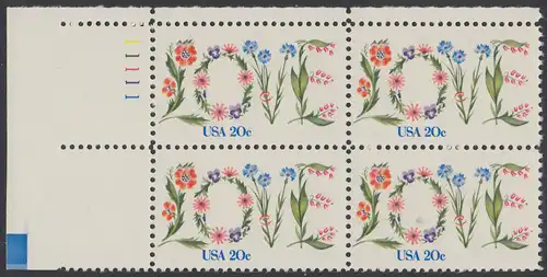 USA Michel 1528 / Scott 1951 postfrisch PLATEBLOCK ECKRAND oben links m/ Platten-# 11111 (c) - Valentinstag: Blumen bilden das Wort LOVE