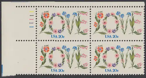 USA Michel 1528 / Scott 1951 postfrisch PLATEBLOCK ECKRAND oben links m/ Platten-# 11111 (d) - Valentinstag: Blumen bilden das Wort LOVE