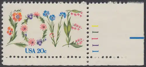 USA Michel 1528 / Scott 1951 postfrisch EINZELMARKE ECKRAND unten rechts m/ Platten-# 11111 (a2) - Valentinstag: Blumen bilden das Wort LOVE