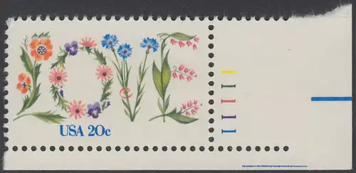 USA Michel 1528 / Scott 1951 postfrisch EINZELMARKE ECKRAND unten rechts m/ Platten-# 11111 (a1) - Valentinstag: Blumen bilden das Wort LOVE