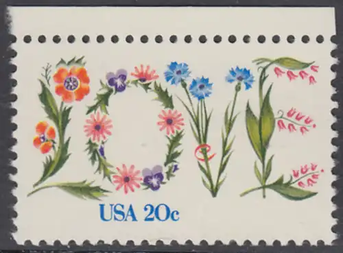 USA Michel 1528 / Scott 1951 postfrisch EINZELMARKE RAND oben - Valentinstag: Blumen bilden das Wort LOVE