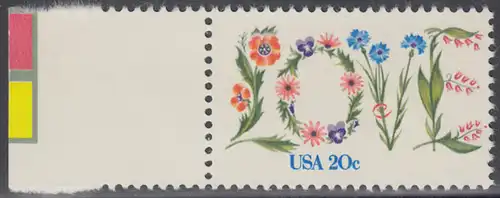 USA Michel 1528 / Scott 1951 postfrisch EINZELMARKE RAND links (a1) - Valentinstag: Blumen bilden das Wort LOVE