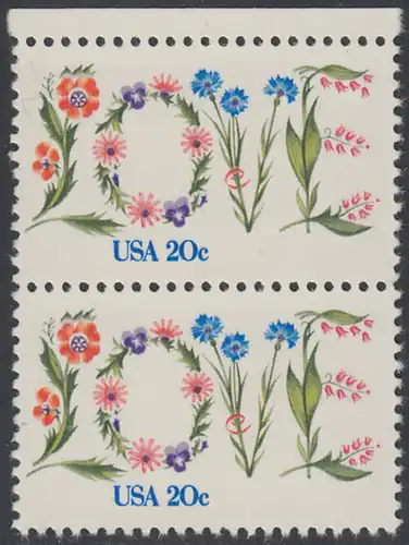 USA Michel 1528 / Scott 1951 postfrisch vert.PAAR RAND oben - Valentinstag: Blumen bilden das Wort LOVE