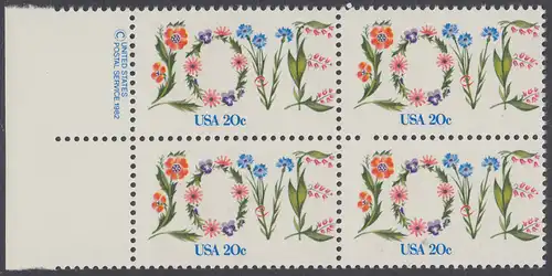 USA Michel 1528 / Scott 1951 postfrisch BLOCK RÄNDER links m/ copyright symbol (a1) - Valentinstag: Blumen bilden das Wort LOVE