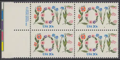 USA Michel 1528 / Scott 1951 postfrisch BLOCK RÄNDER links m/ copyright symbol (a2) - Valentinstag: Blumen bilden das Wort LOVE