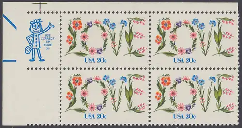 USA Michel 1528 / Scott 1951 postfrisch ZIP-BLOCK (ul) - Valentinstag: Blumen bilden das Wort LOVE