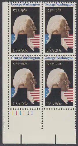 USA Michel 1530 / Scott 1952 postfrisch PLATEBLOCK ECKRAND unten links m/ Platten-# 111111 (a) - George Washington (1732-1799), 1. Präsident