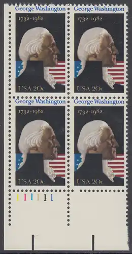 USA Michel 1530 / Scott 1952 postfrisch PLATEBLOCK ECKRAND unten links m/ Platten-# 111111 (b) - George Washington (1732-1799), 1. Präsident