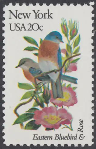 USA Michel 1563 / Scott 1984 postfrisch EINZELMARKE  - Vögel und Blumen der 50 Bundesstaaten: New York: Rotkehl-Hüttensänger, Rose