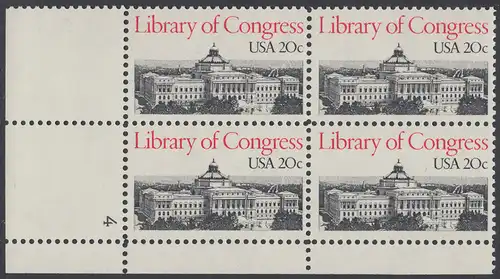 USA Michel 1583 / Scott 2004 postfrisch PLATEBLOCK ECKRAND unten links m/ Platten-# 4 - Kongressbibliothek: Thomas-Jefferson-Gebäude der Kongressbibliothek, Washington, DC