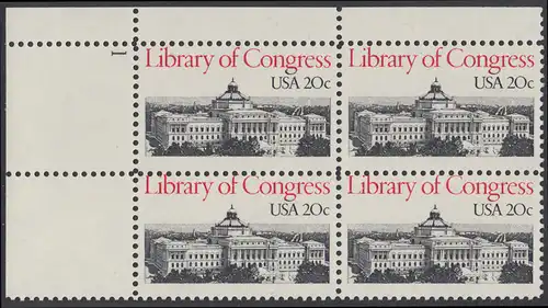 USA Michel 1583 / Scott 2004 postfrisch PLATEBLOCK ECKRAND oben links m/ Platten-# 1 - Kongressbibliothek: Thomas-Jefferson-Gebäude der Kongressbibliothek, Washington, DC