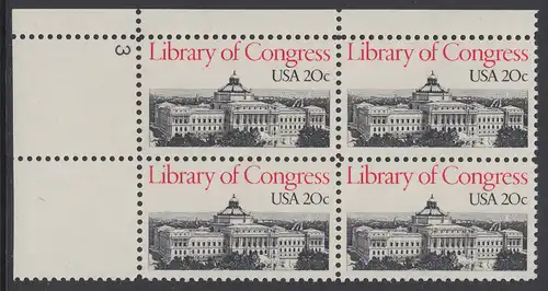 USA Michel 1583 / Scott 2004 postfrisch PLATEBLOCK ECKRAND oben links m/ Platten-# 3 - Kongressbibliothek: Thomas-Jefferson-Gebäude der Kongressbibliothek, Washington, DC