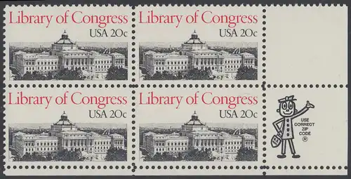 USA Michel 1583 / Scott 2004 postfrisch ZIP-BLOCK (lr) - Kongressbibliothek: Thomas-Jefferson-Gebäude der Kongressbibliothek, Washington, DC