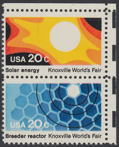 USA Michel 1585+1587 / Scott 2006+2008 postfrisch vert.PAAR ECKRAND oben rechts - Weltausstellung in Knoxville: Sonnenenergie / Brutreaktor