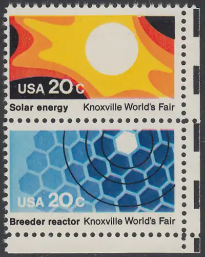 USA Michel 1585+1587 / Scott 2006+2008 postfrisch vert.PAAR ECKRAND unten rechts - Weltausstellung in Knoxville: Sonnenenergie / Brutreaktor