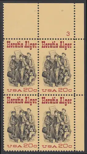 USA Michel 1589 / Scott 2010 postfrisch PLATEBLOCK ECKRAND oben rechts m/ Platten-# 3 - 150. Geburtstag des Schriftstellers Horatio Alger; Titelbild der Buchserie Ragged Dick