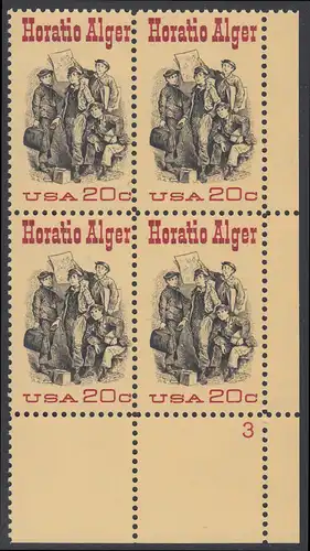 USA Michel 1589 / Scott 2010 postfrisch PLATEBLOCK ECKRAND unten rechts m/ Platten-# 3 - 150. Geburtstag des Schriftstellers Horatio Alger; Titelbild der Buchserie Ragged Dick