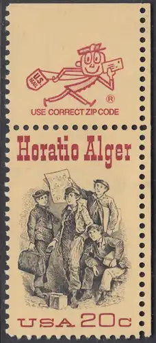 USA Michel 1589 / Scott 2010 postfrisch EINZELMARKE ECKRAND obne rechts m/ ZIP-Emblem - 150. Geburtstag des Schriftstellers Horatio Alger; Titelbild der Buchserie Ragged Dick