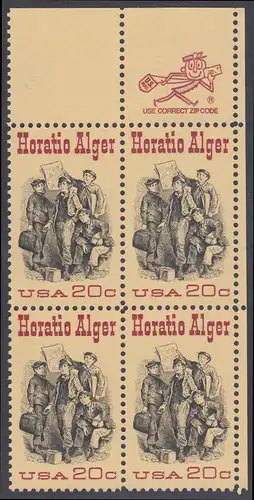 USA Michel 1589 / Scott 2010 postfrisch ZIP-BLOCK (ur) - 150. Geburtstag des Schriftstellers Horatio Alger; Titelbild der Buchserie Ragged Dick