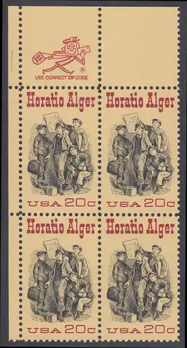 USA Michel 1589 / Scott 2010 postfrisch ZIP-BLOCK (ul) - 150. Geburtstag des Schriftstellers Horatio Alger; Titelbild der Buchserie Ragged Dick