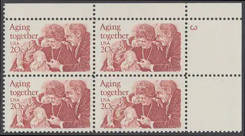 USA Michel 1591 / Scott 2011 postfrisch PLATEBLOCK ECKRAND oben rechts m/ Platten-# 3 (b) - Gemeinsames Altern: Großeltern und Enkel