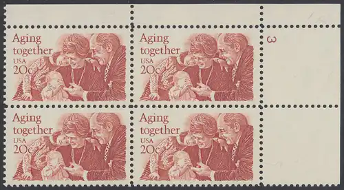 USA Michel 1591 / Scott 2011 postfrisch PLATEBLOCK ECKRAND oben rechts m/ Platten-# 3 (a) - Gemeinsames Altern: Großeltern und Enkel