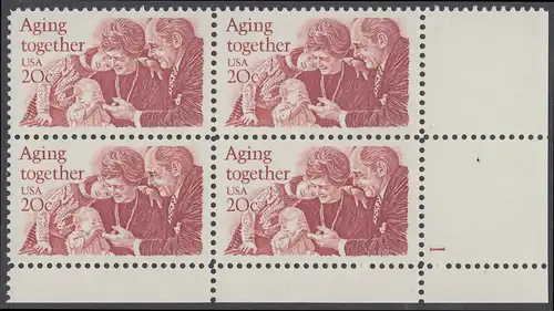 USA Michel 1591 / Scott 2011 postfrisch PLATEBLOCK ECKRAND unten rechts m/ Platten-# 1 - Gemeinsames Altern: Großeltern und Enkel