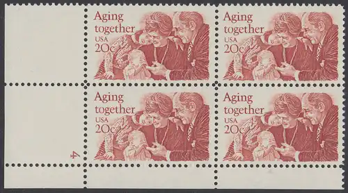 USA Michel 1591 / Scott 2011 postfrisch PLATEBLOCK ECKRAND unten links m/ Platten-# 4 - Gemeinsames Altern: Großeltern und Enkel