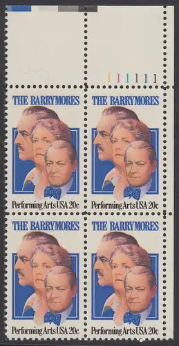 USA Michel 1592 / Scott 2012 postfrisch PLATEBLOCK ECKRAND oben rechts m/ Platten-# 111111 - Darstellende Künste und Künstler: Die Schauspielerfamilie Barrymore; Ethel (1879-1959), Lionel (1878-1954) und John Barrymore (1882-1942)