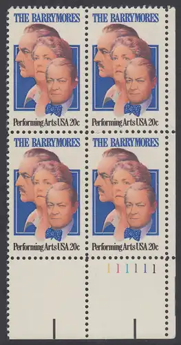 USA Michel 1592 / Scott 2012 postfrisch PLATEBLOCK ECKRAND unten rechts m/ Platten-# 111111 (a) - Darstellende Künste und Künstler: Die Schauspielerfamilie Barrymore; Ethel (1879-1959), Lionel (1878-1954) und John Barrymore (1882-1942)