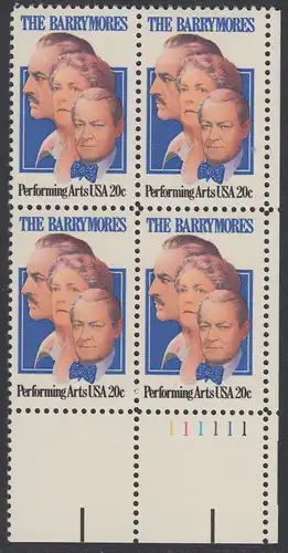 USA Michel 1592 / Scott 2012 postfrisch PLATEBLOCK ECKRAND unten rechts m/ Platten-# 111111 (b) - Darstellende Künste und Künstler: Die Schauspielerfamilie Barrymore; Ethel (1879-1959), Lionel (1878-1954) und John Barrymore (1882-1942)