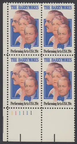 USA Michel 1592 / Scott 2012 postfrisch PLATEBLOCK ECKRAND unten links m/ Platten-# 111111 - Darstellende Künste und Künstler: Die Schauspielerfamilie Barrymore; Ethel (1879-1959), Lionel (1878-1954) und John Barrymore (1882-1942)