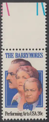 USA Michel 1592 / Scott 2012 postfrisch EINZELMARKE RAND oben (a1) - Darstellende Künste und Künstler: Die Schauspielerfamilie Barrymore; Ethel (1879-1959), Lionel (1878-1954) und John Barrymore (1882-1942)