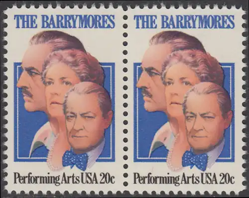 USA Michel 1592 / Scott 2012 postfrisch horiz.PAAR - Darstellende Künste und Künstler: Die Schauspielerfamilie Barrymore; Ethel (1879-1959), Lionel (1878-1954) und John Barrymore (1882-1942)