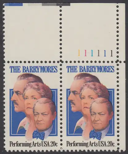 USA Michel 1592 / Scott 2012 postfrisch horiz.PAAR ECKRAND oben rechts m/ Platten-# 111111 - Darstellende Künste und Künstler: Die Schauspielerfamilie Barrymore; Ethel (1879-1959), Lionel (1878-1954) und John Barrymore (1882-1942)