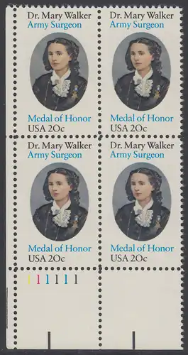 USA Michel 1593 / Scott 2013 postfrisch PLATEBLOCK ECKRAND unten links m/ Platten-# 111111 (b) - 150. Geburtstag von Mary Walker, Ärztin