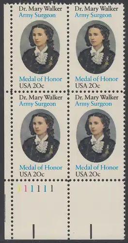 USA Michel 1593 / Scott 2013 postfrisch PLATEBLOCK ECKRAND unten links m/ Platten-# 111111 (a) - 150. Geburtstag von Mary Walker, Ärztin