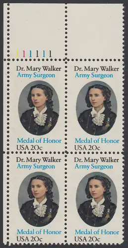 USA Michel 1593 / Scott 2013 postfrisch PLATEBLOCK ECKRAND oben links m/ Platten-# 111111 - 150. Geburtstag von Mary Walker, Ärztin