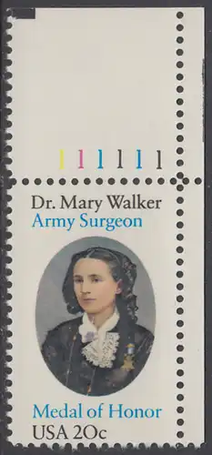 USA Michel 1593 / Scott 2013 postfrisch EINZELMARKE ECKRAND oben rechts m/ Platten-# 111111 - 150. Geburtstag von Mary Walker, Ärztin