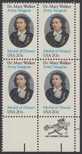 USA Michel 1593 / Scott 2013 postfrisch ZIP-BLOCK (lr) - 150. Geburtstag von Mary Walker, Ärztin