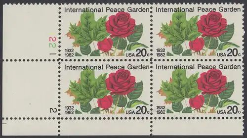 USA Michel 1594 / Scott 2014 postfrisch PLATEBLOCK ECKRAND unten links m/ Platten-# 2 - 50 Jahre Internationaler Friedensgarten, Dunseith, North Dakota und Boissevain, Manitoba, Kanada