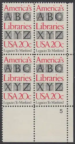 USA Michel 1595 / Scott 2015 postfrisch PLATEBLOCK ECKRAND unten rechts m/ Platten-# 5 - Büchereien