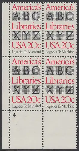 USA Michel 1595 / Scott 2015 postfrisch PLATEBLOCK ECKRAND unten links m/ Platten-# 4 - Büchereien